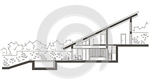 Architectural sketch two level house with swimming-pool. Sectional drawing