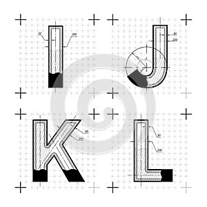 Architectural sketches of I J K L letters. Blueprint style font.