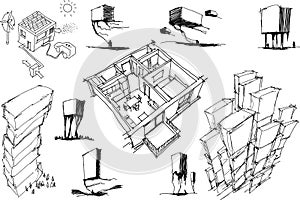architectural sketches of a modern architecture and interior
