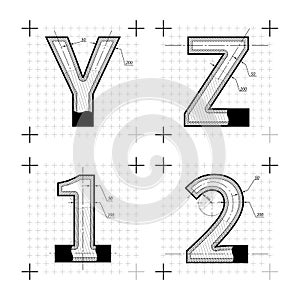 Architectural sketches of Y Z 1 2 letters. Blueprint style font.