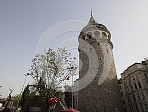 Architectural structures around the close-up of the Galata tower.