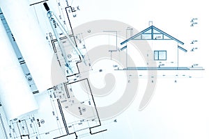 Architectural technical drawings with house plans and drawing compass