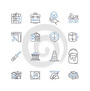 Architectural tools line icons collection. lueprints, Sketches, Drawings, Measurements, Protractor, T-square, Scale