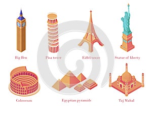 Architectural tourist attractions isometric. Old historical monuments Big Ben London leaning tower in Pisa.
