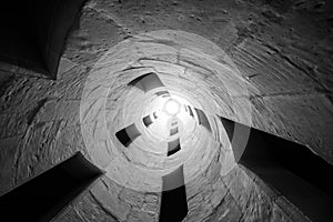 Architectural vanishing point of view of double-helix staircase