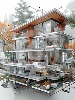 Architectural visualization: Detailed cross-section of a contemporary single-family house with visible interiors in a