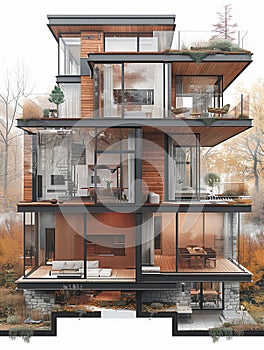 Architectural visualization: Detailed cross-section of a contemporary single-family house with visible interiors in a