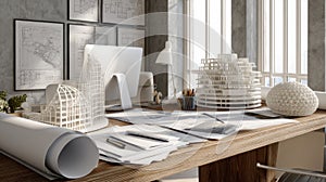 Architectural workspace featuring model designs and blueprints in a modern office setting