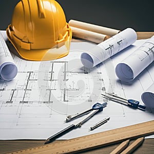 Architectural workspace featuring rolled blueprints, technical drawings, and drafting