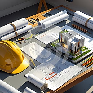Architectural workspace featuring a table with rolled and unrolled architectural blueprints