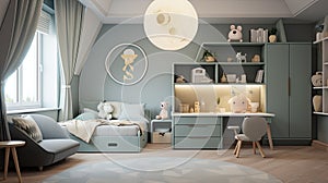 an architecturally designed children's room with a minimalist aesthetic, featuring a soothing color scheme.