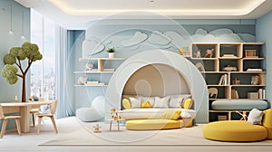 an architecturally designed children's room with a minimalist aesthetic, featuring a soothing color scheme.