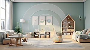 an architecturally designed children's room with a minimalist aesthetic, featuring a soothing color scheme.
