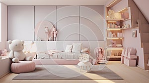 an architecturally designed children's room with a minimalist aesthetic, featuring a soothing color scheme.