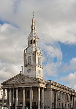 Architecturally exterior design of of St Martin in the fields. English anglican church tower at Trafalgar Square