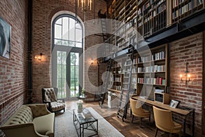 architecturally interesting library, featuring exposed brick walls and high ceilings