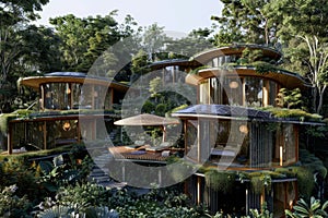 Architecturally stunning treetop villas with solar panels, blending modern living with nature, perfect for an eco-conscious luxury