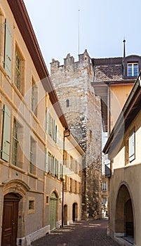 Architecture along the narrow street, Neuchatel.