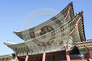 Architecture of ancient roof taken at palace in Seoul South Korea