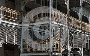 Architecture of ancient Thai style house from teak wood. Old wooden building of the historical nonthaburi city Hall