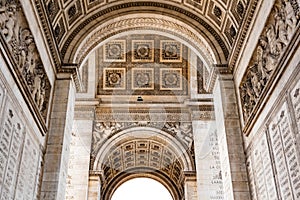 Architecture of the Arch of Triumph or Arc de Triomphe, Champs-Elysees in Paris, France