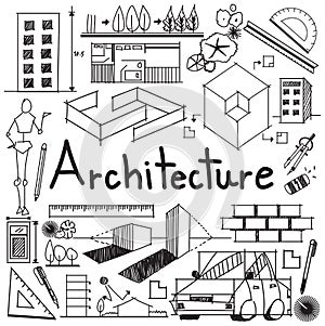 Architecture and architect design building exterior doodle icon