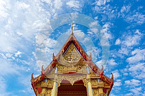 Architecture background of Buddhist temple decorated roof against blue sky