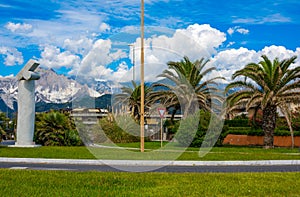 Architecture on the background of flowers. Marina di Carrara. Italy