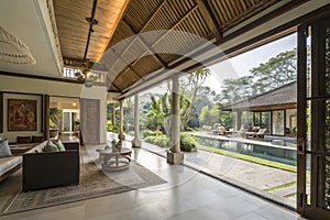 Architecture, beautiful interior of a modern villa, view from veranda