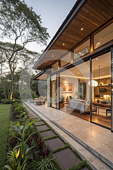 Architecture, beautiful interior of a modern villa, view from veranda photo