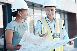 Architecture, blueprint and construction site with building contractor, manager and industrial designer planning