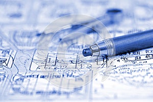 Architecture blueprint & pencil, compass
