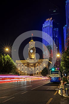 The architecture of British style Jian Han Guang in Hankou town illuminated at night