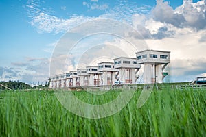 Architecture building beautiful Utho Wipat prasit floodgates over grass