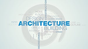 Architecture building design construction blueprint word cloud appears on the white blue gradient background, also used