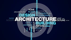 Architecture building design construction structure technology blueprint business city engineering concept animated word cloud