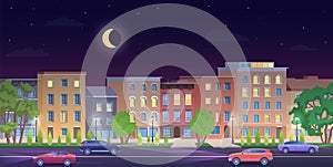 Architecture building in New York streets at night vector illustration, cartoon flat urban NY skyline, panorama view of