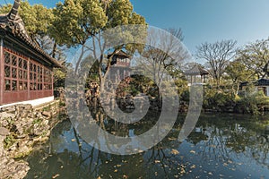 Architecture, buildings and landscapes of Suzhou Humble Administrator`s Garden, the most famous Chinese classic garden in Suzhou,