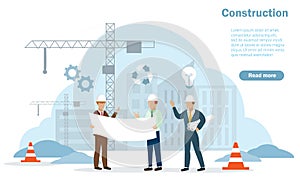 Architecture or civil engineering and foreman team holding blueprints discussing project plan at construction site