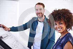 Architecture, collaboration and portrait of business people meeting in boardroom of office for construction. Building