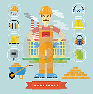 Architecture and Construction color flat concept with icons. Architect constructor cartoon builder man with icons tools