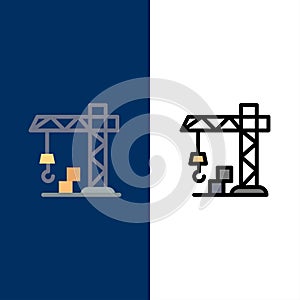 Architecture, Construction, Crane  Icons. Flat and Line Filled Icon Set Vector Blue Background