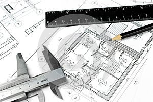 Architecture Construction Drawings. Part of architectural project with engineering tools