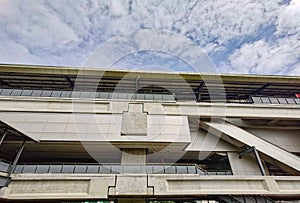 Architecture construction of elevator, escalator stairs and sky walk way, walk bridge between sky train station and department