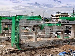 Architecture construction of elevator, escalator stairs and sky walk way, walk bridge between sky train station and department