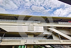 Architecture construction of elevator, escalator stairs and sky walk way, walk bridge between sky train station and department