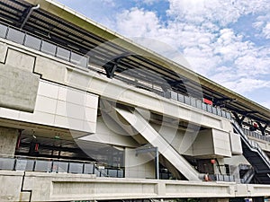 Architecture construction of elevator, escalator stairs and sky walk way, walk bridge between sky train station and department sto