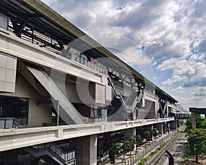 Architecture construction of elevator, escalator stairs and sky walk way, walk bridge between sky train station and department sto