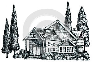 The architecture of a country house, a rural hacienda, a summer residence, a villa in the southern province. Hand drawing line and