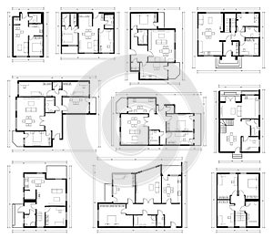 Architecture design, blueprint plan. Set of different black and white house floor plans isolated on white